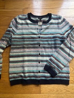 Talbots Striped Button Cardigan - Navy, Teal & Cream